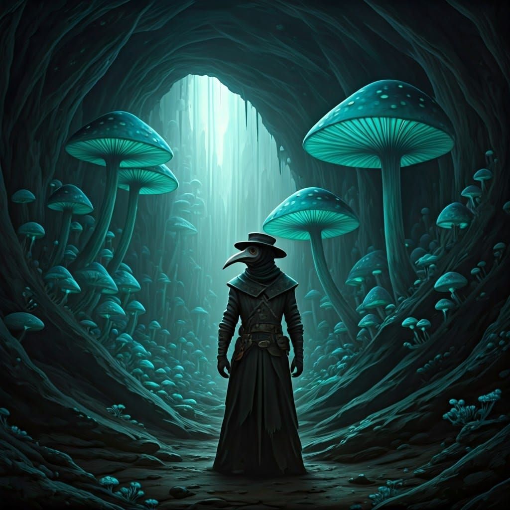 Mad Max Plague Doctor in a Cave of Ethereal Mushrooms