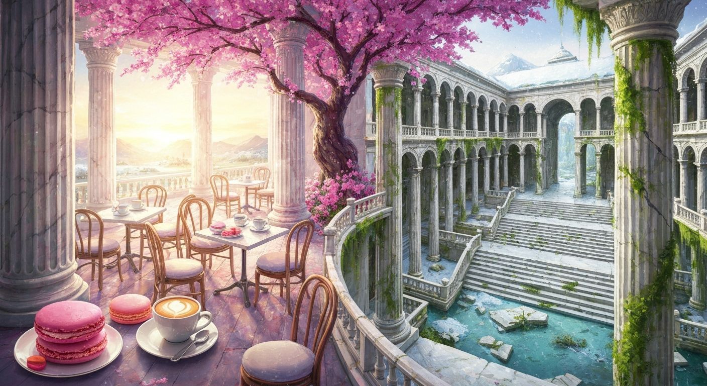 Impasto Cafe Scene Under Cherry Blossoms and Mountains