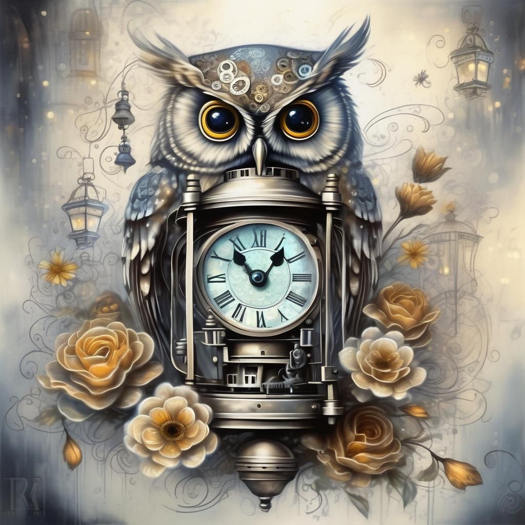 Clockwork Owl in Mystical Street Scene, Oil Painting