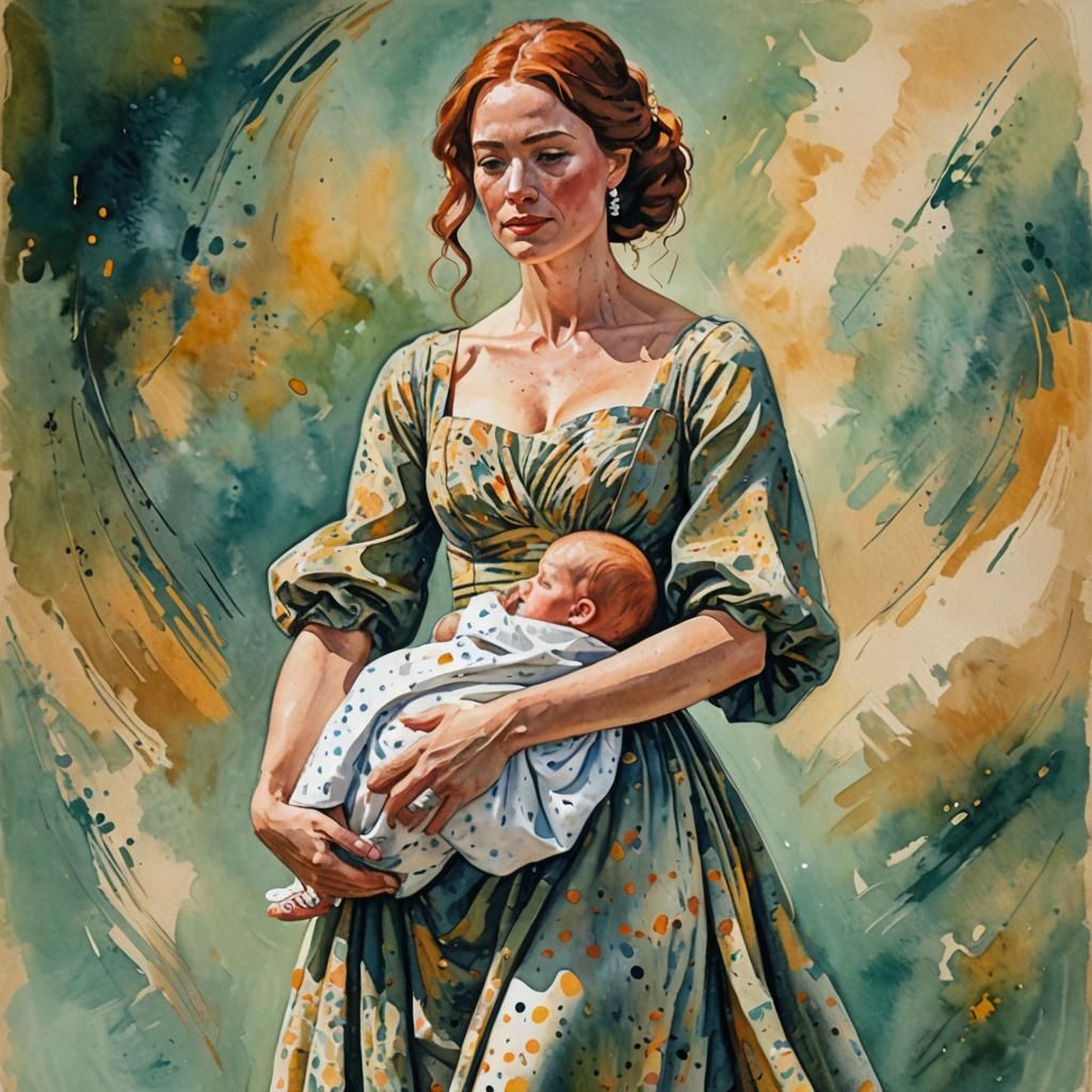 Elegant Woman and Baby in Gouache Style