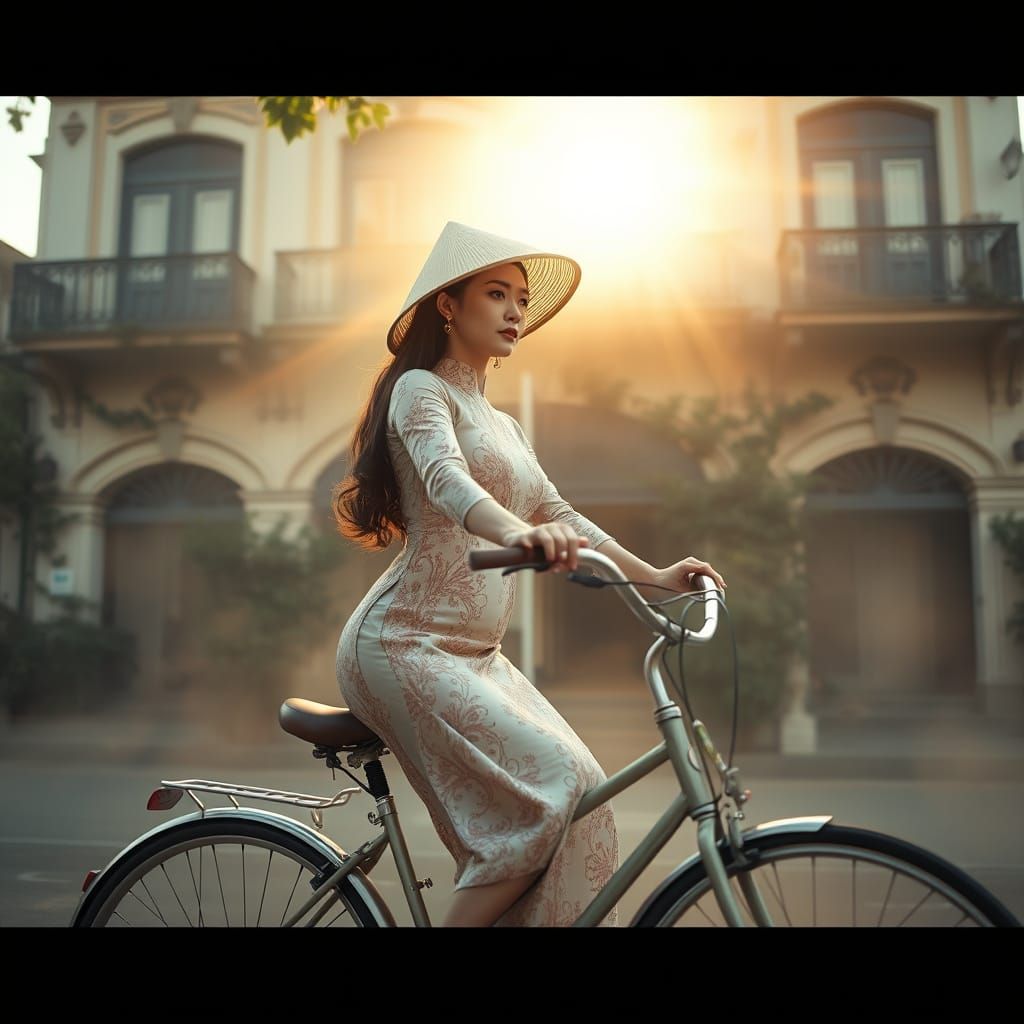 Elegant Woman Rides Bicycle in Dreamlike Golden Hour