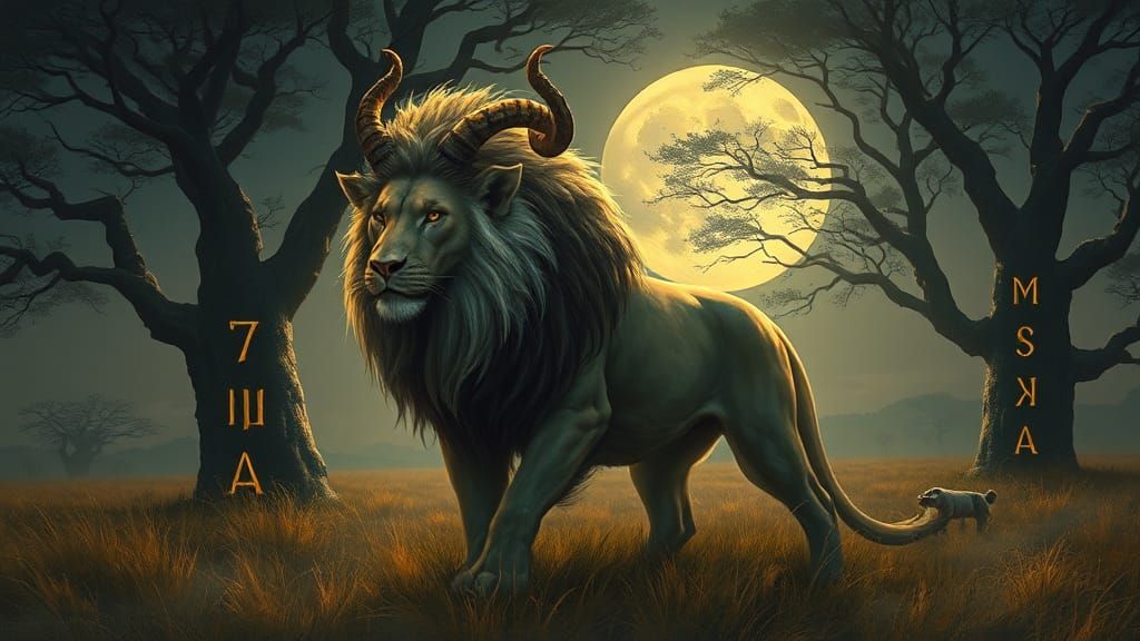 Mystical Lion Creature in Moonlit Savannah