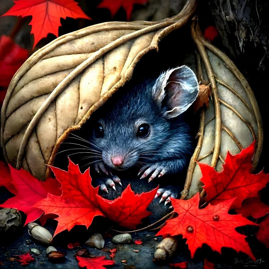 Sad Mouse Hiding Under Autumn Leaves in Winter Frost