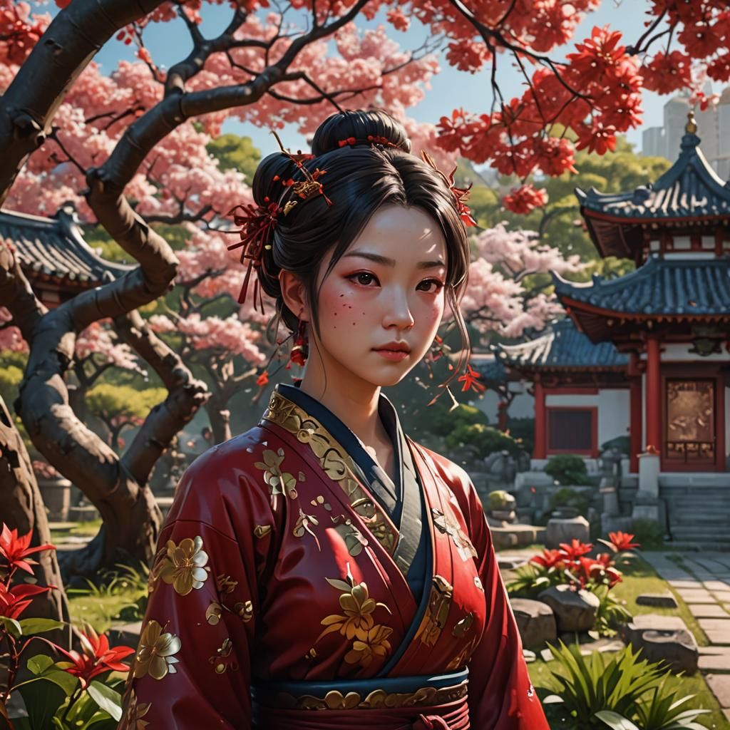 Cherry Tree in Pagoda Garden: Anime Graffiti Art