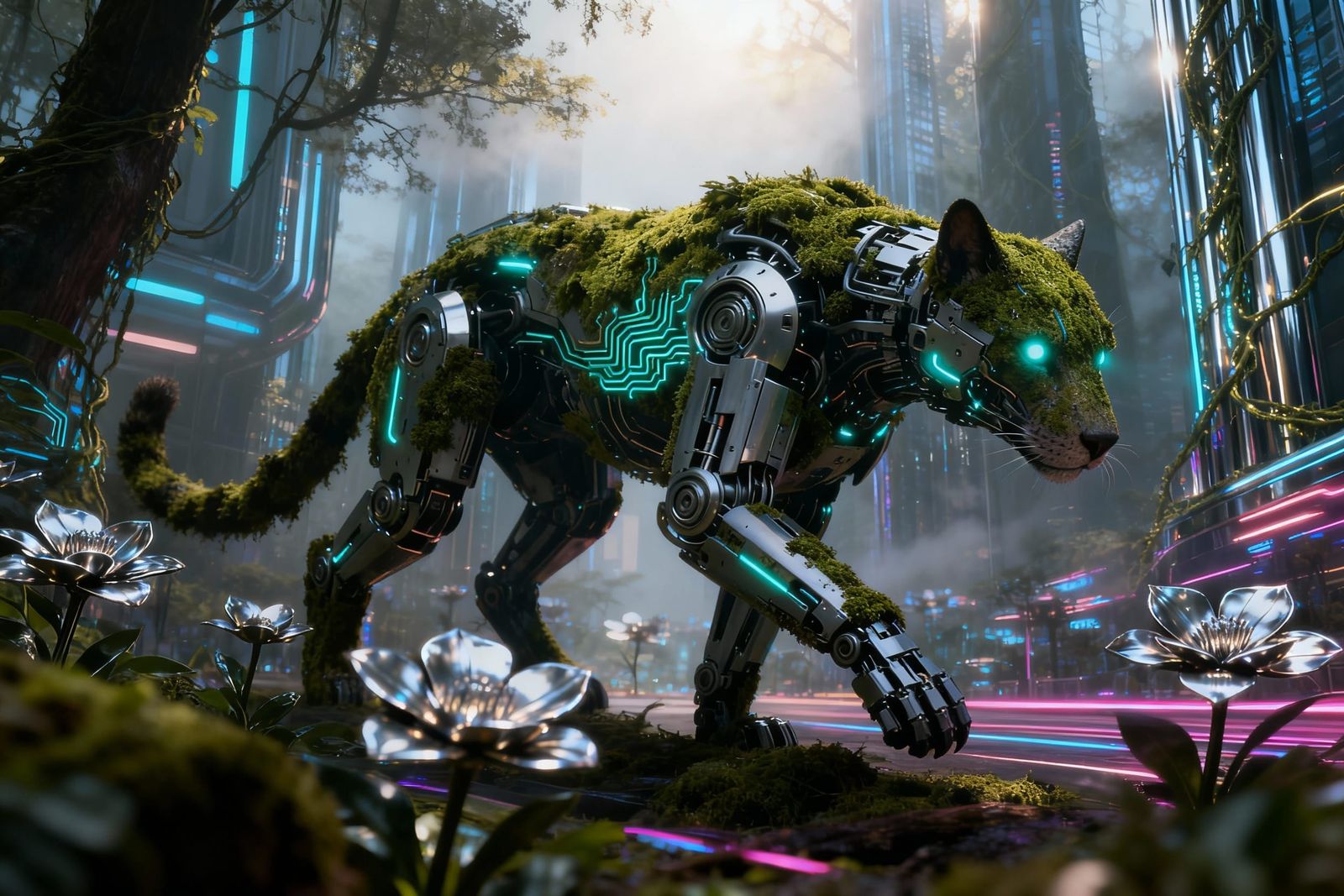 Biomechanical Creatures in Futuristic Forest City