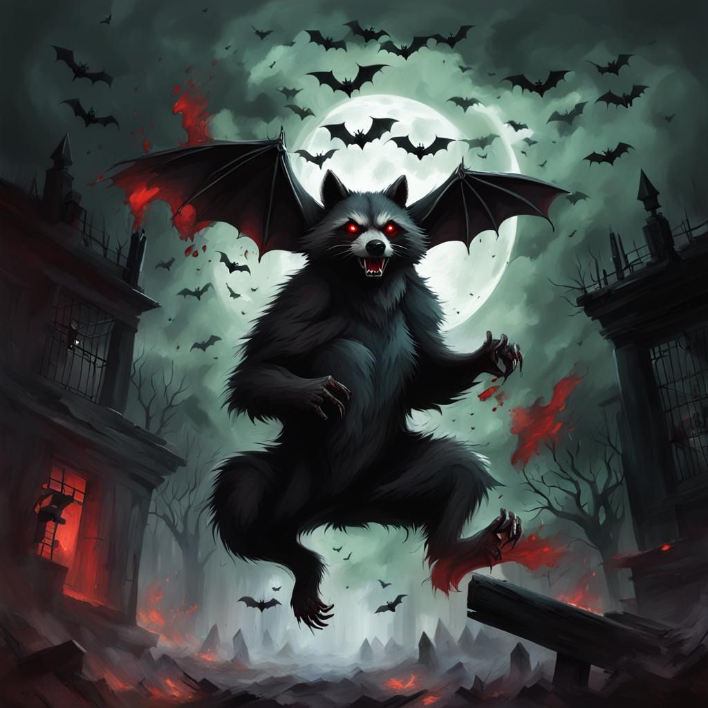 Flying rabid poison bloodstained racoon blood bat red eyes, riding angry sabertooth black-bear green eyes, mist fog rain...