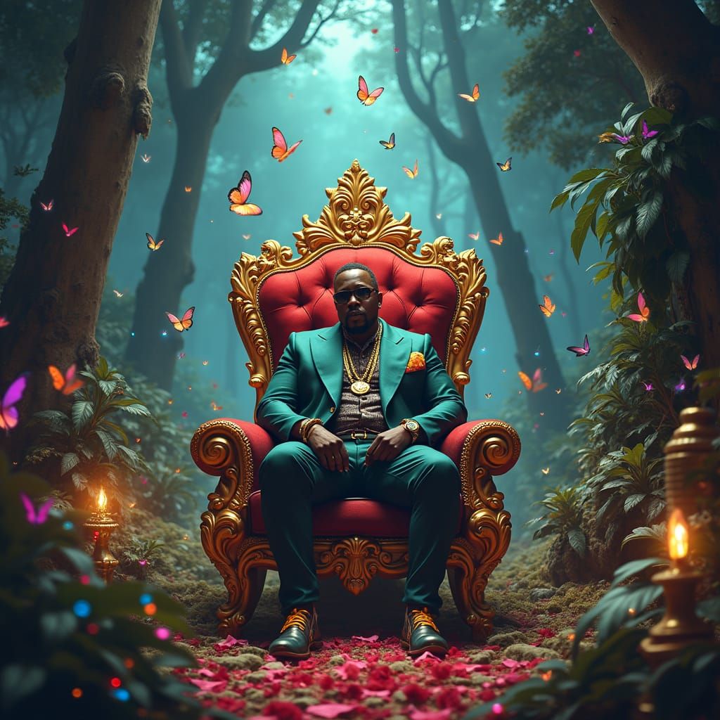 P Diddy on Golden Throne in Mystical Forest