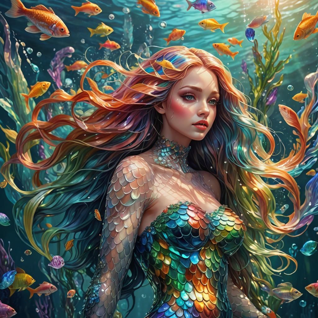 Beautiful Mermaid in Glass Outfit: Surreal Digital Art