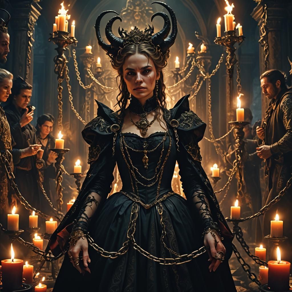 Woman Confronts Devil in Ornate Baroque Setting