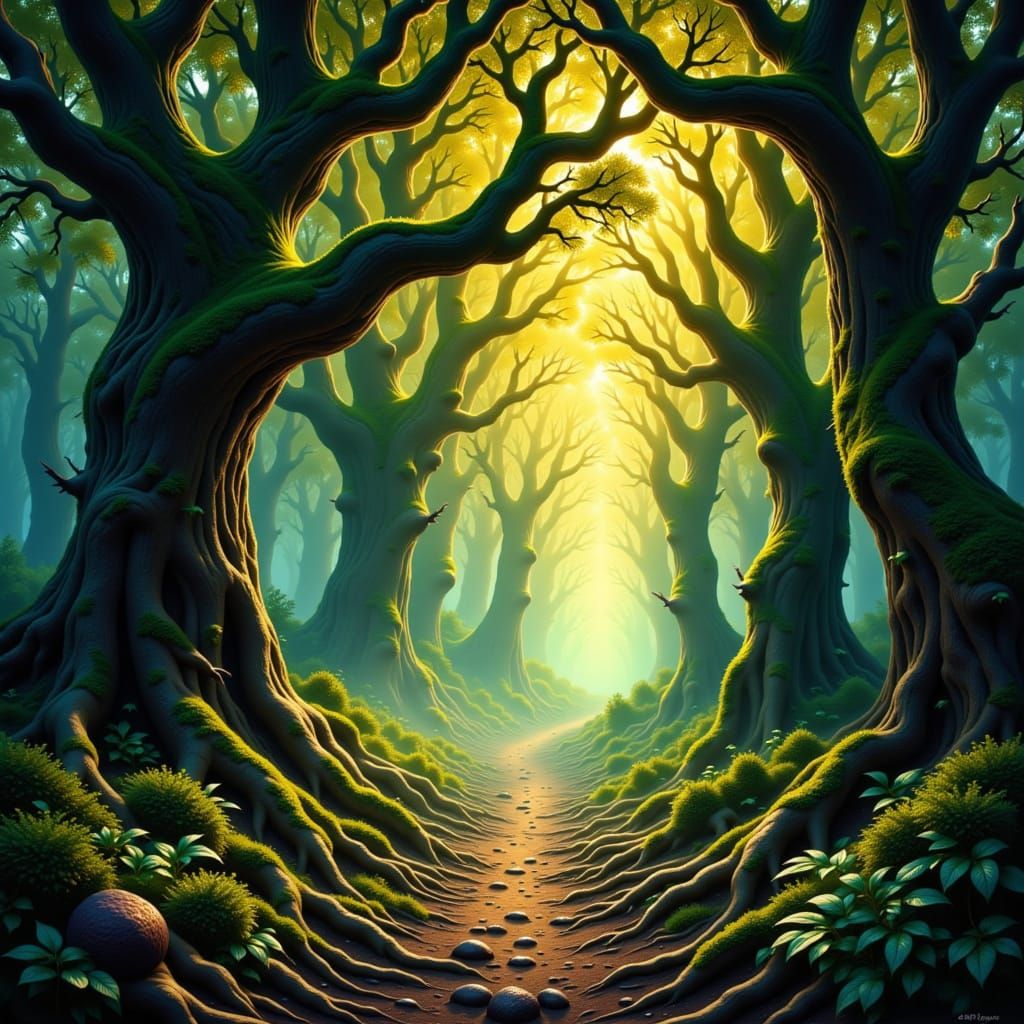 Ancient Forest Pathway in Golden Hour Light