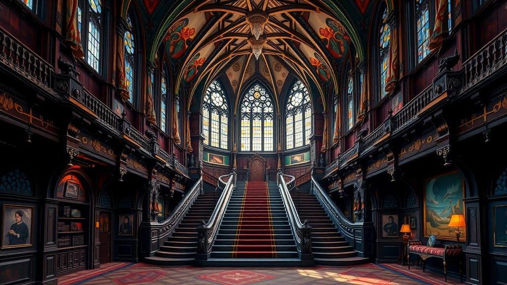 Majestic Hogwarts Grand Staircase in Fantastical Concept Art...