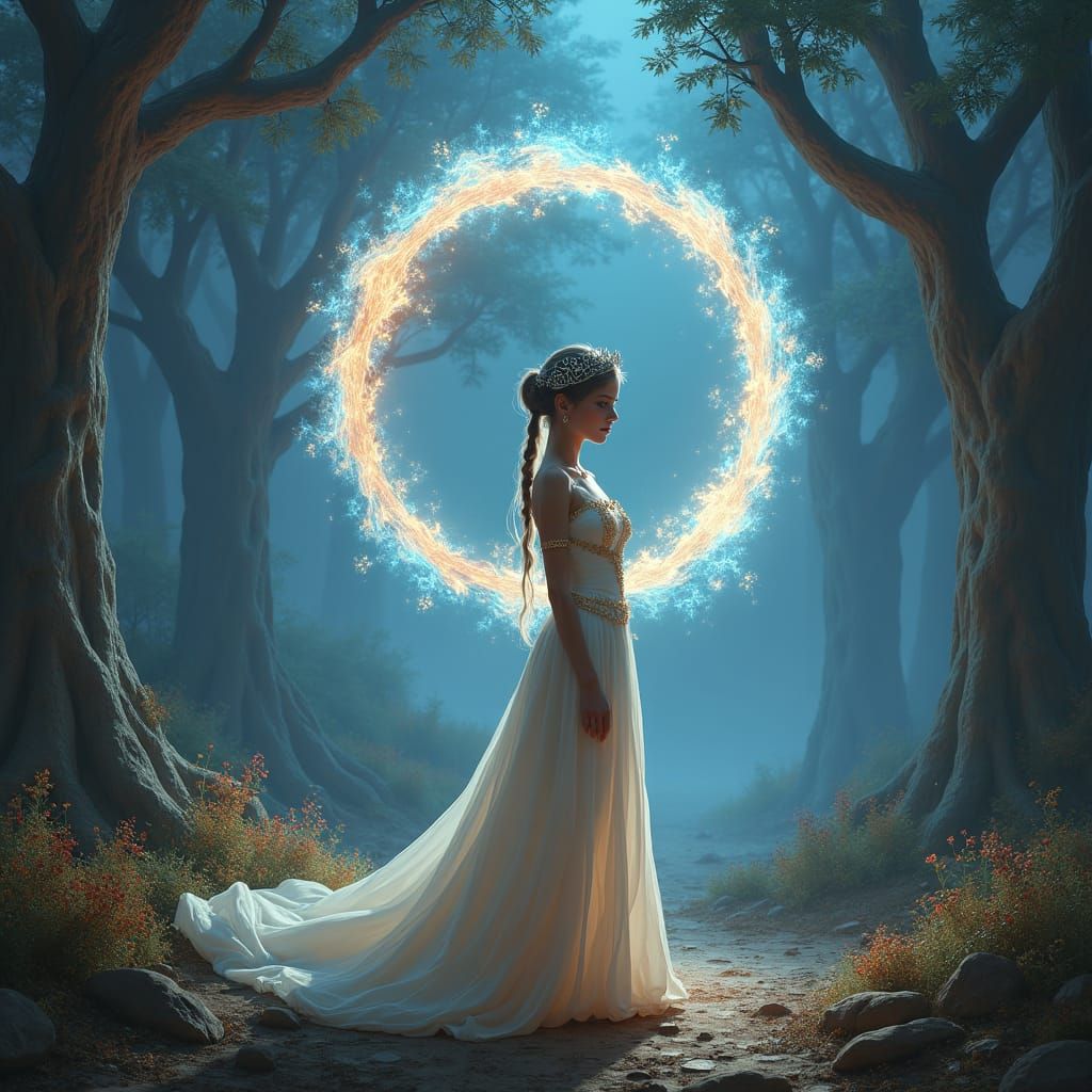 Mystical Forest Portal: Woman in White Gown