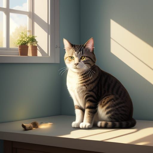 Whimsical Cat Bathed in Golden Hour Sunlight