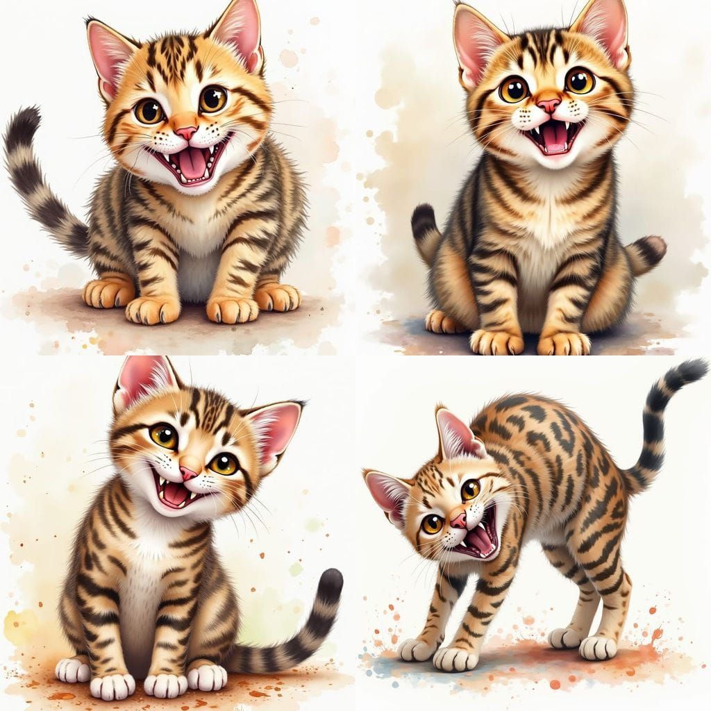 Watercolor Portrait of Spotted Cat with Amber Eyes