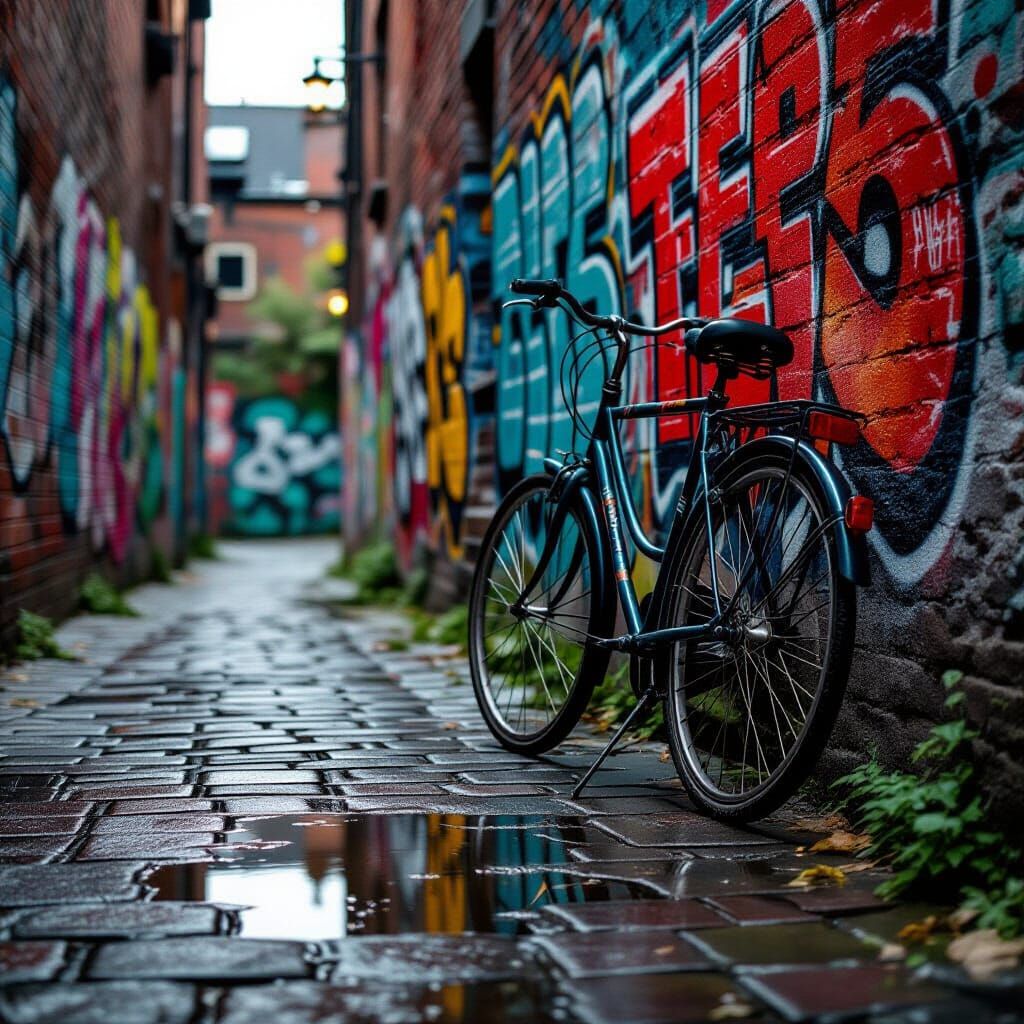 Abandoned Bicycle in Graffiti Alley with Moody Lighting