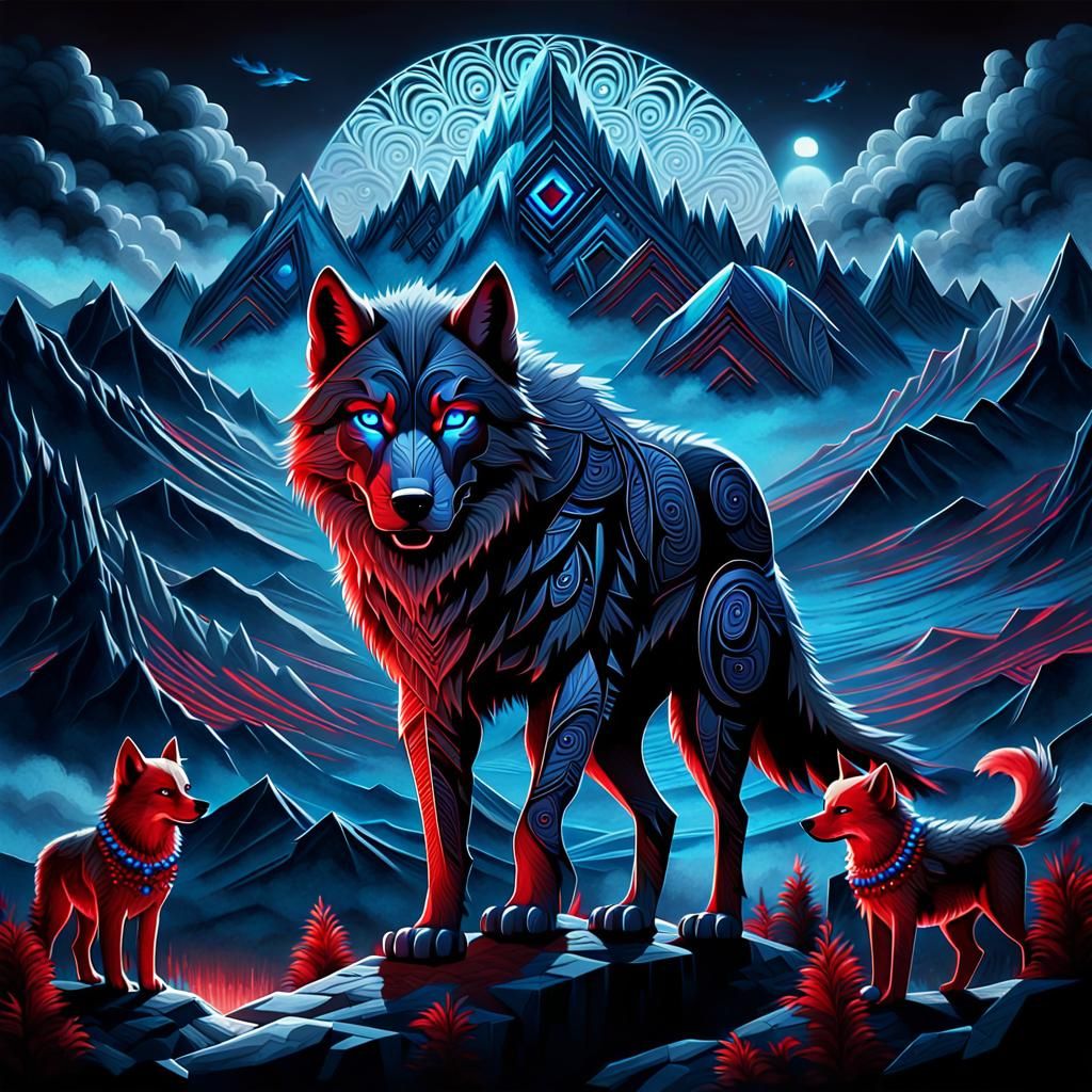 Art Deco Dire Wolf with Pups in Misty Mountains