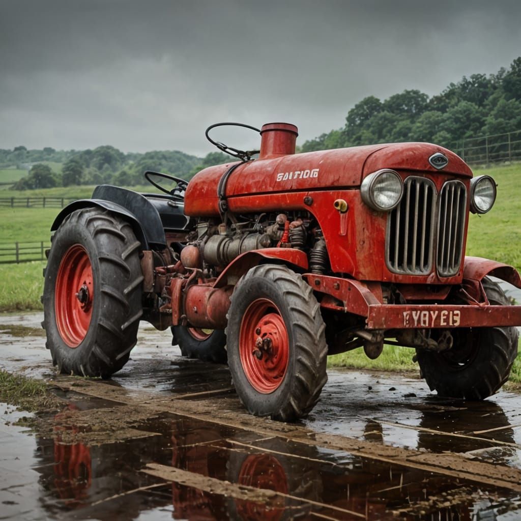 Rustic Red Tractor in Rainy Day Farm Scene