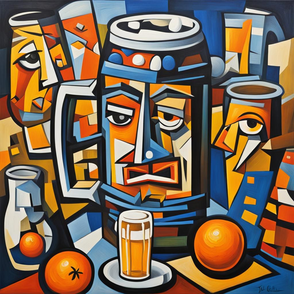 Grotesque Face with Beer Stein: Cubist Primitivist Painting