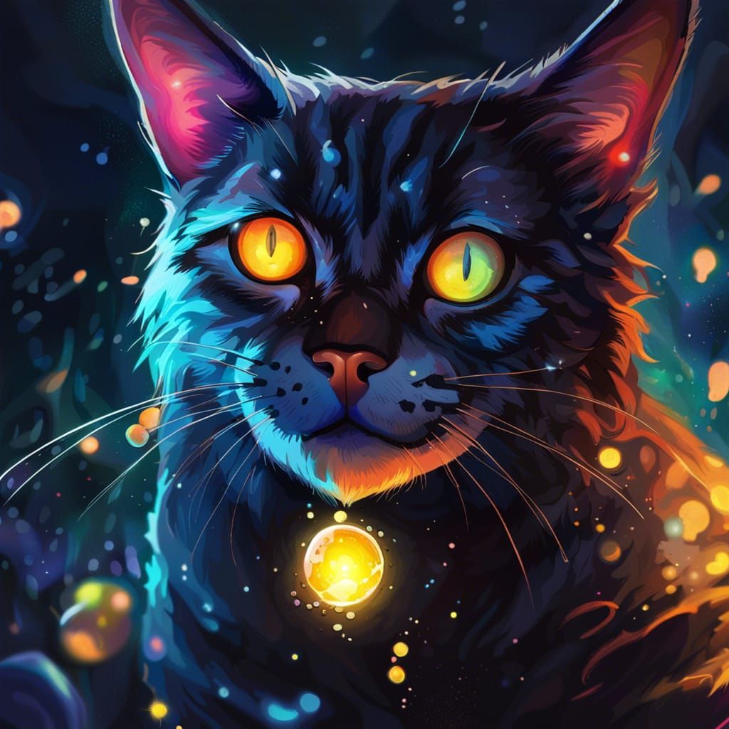 Hyperrealistic Cat with Fireflies in Splash Art Style