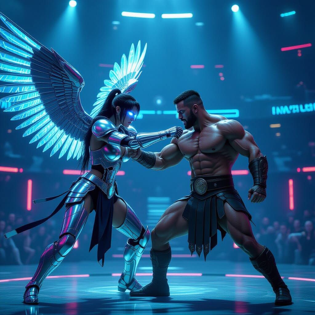 Cyborg Xena Wrestles Gladiator in Dystopian Arena