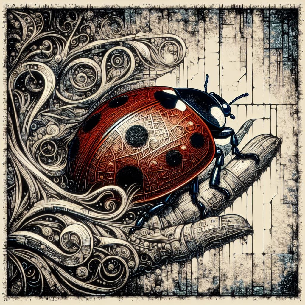 Gothic Ladybug in a Dystopian Dreamscape Etching