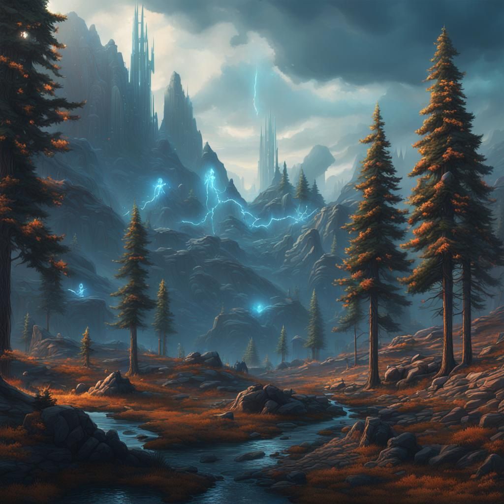 Cyberpunk Angels Amidst Pine Trees in Majestic Mountains