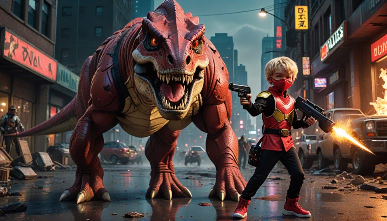 Boy Fights Dinosaur in Cyberpunk Twilight