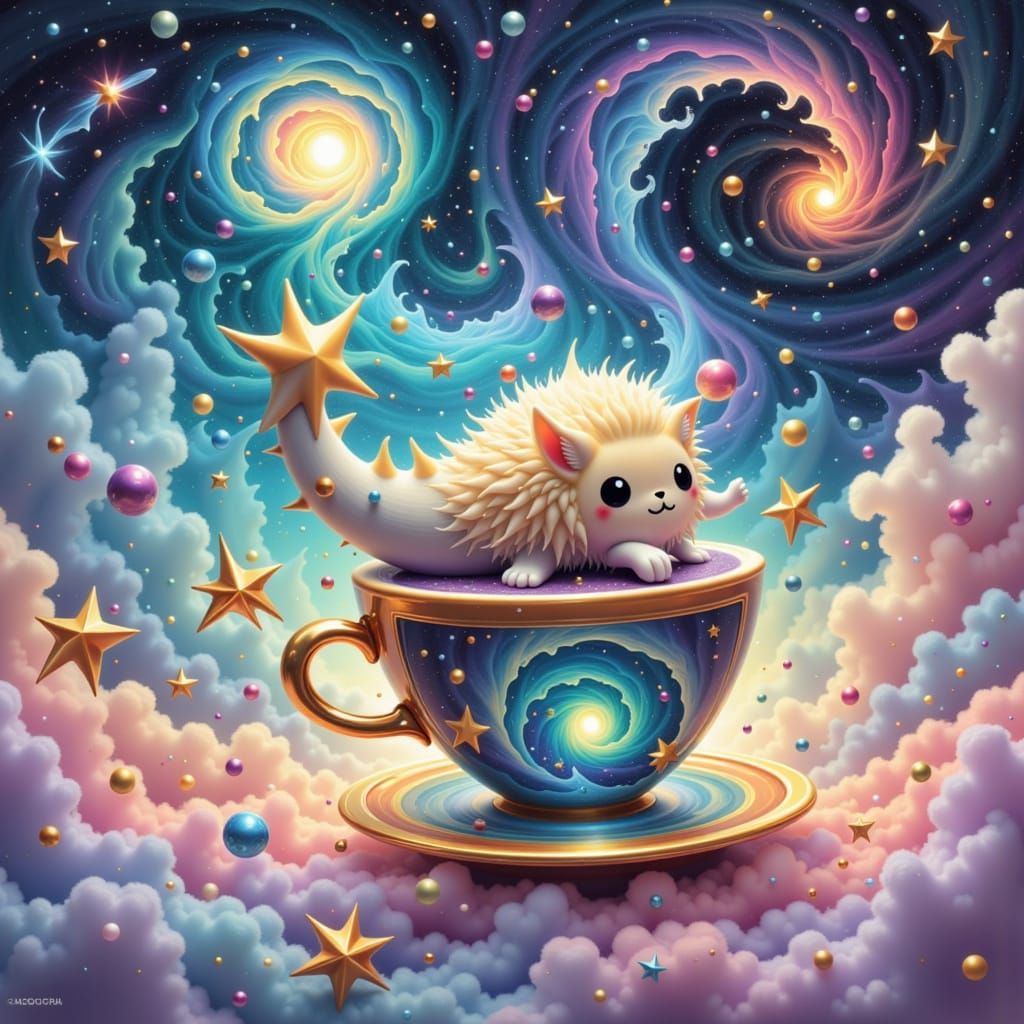 Whimsical Tardigrade Navigates Cosmic Latte Art