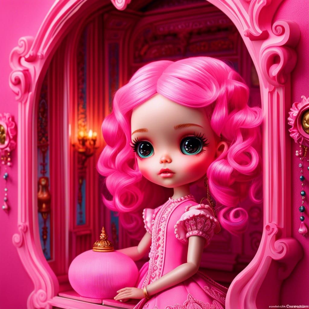 Pink-Haired Doll in Rococo Room, Hyperdetailed Fantasy Art