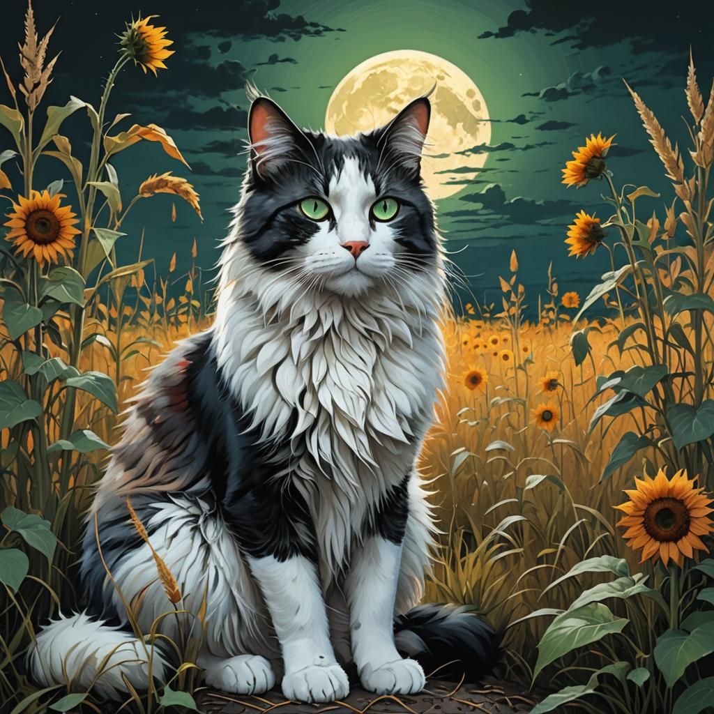 Monochrome Cat and Blood Orange Moon