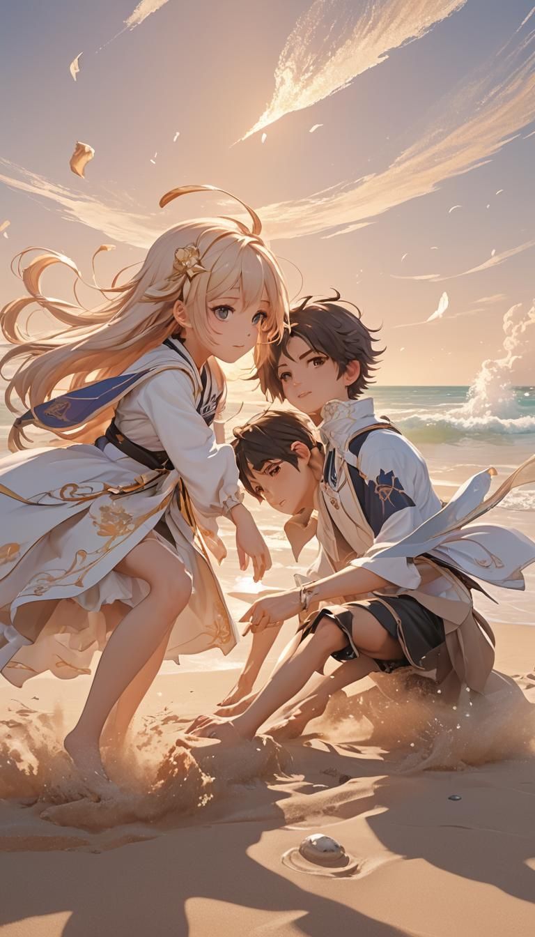 Anime Beach Scene in Pastel Colors