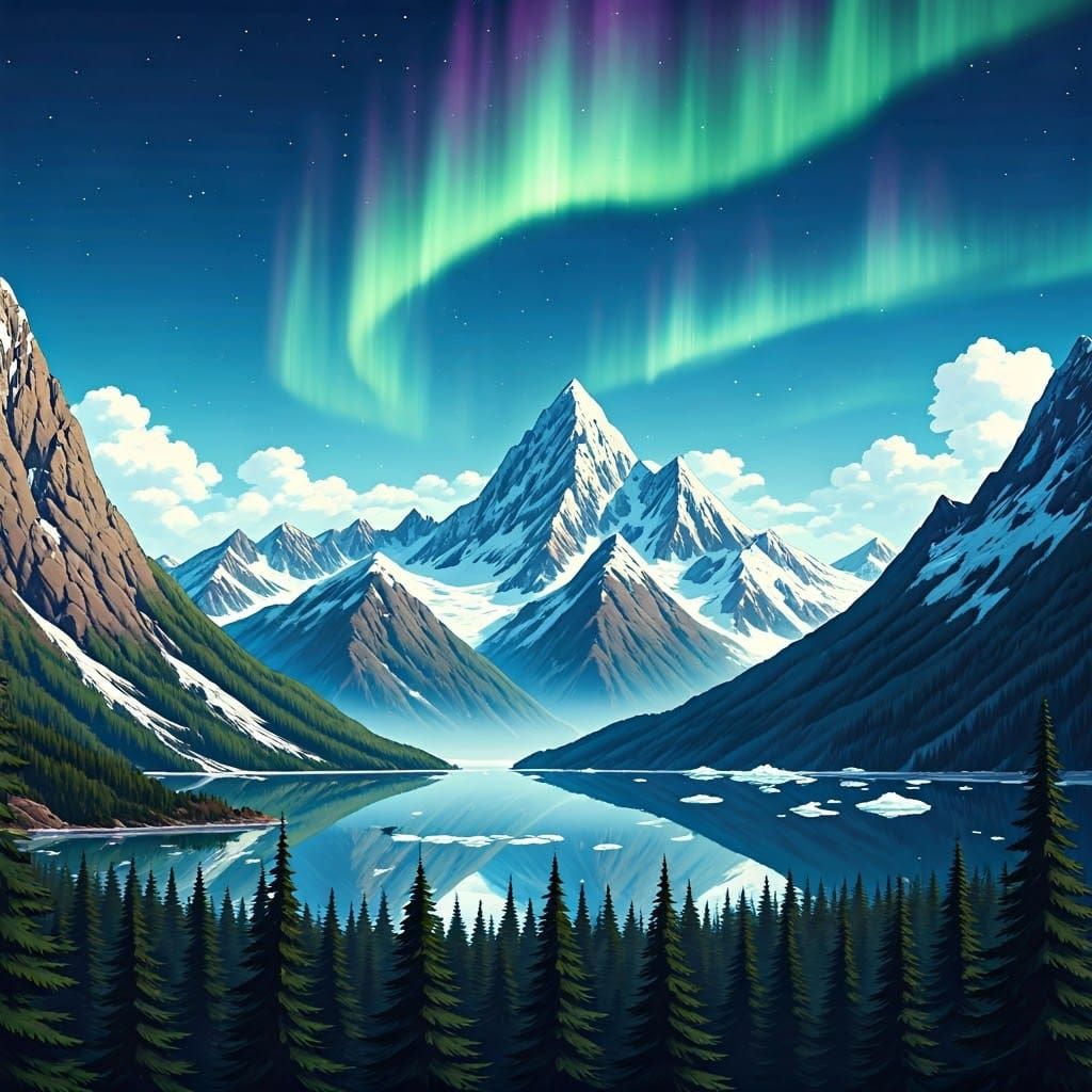 Alaskan Wilderness in Vibrant Anime Style