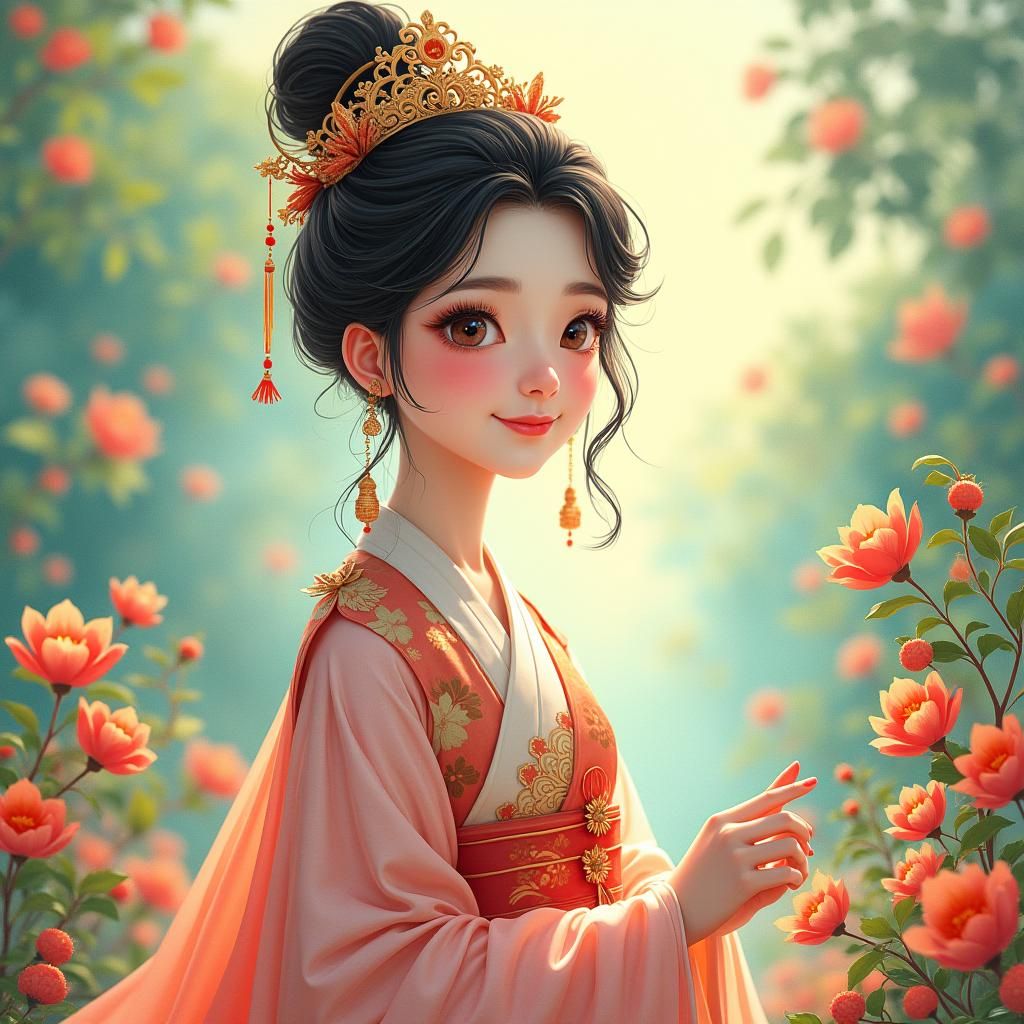 Korean Princess in Garden, Cartoon Style Digital Art