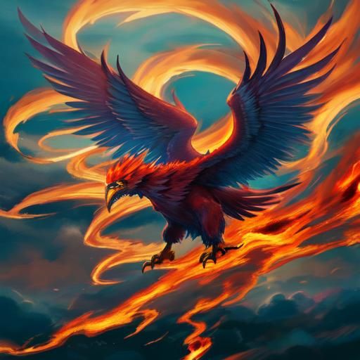 Phoenix Pokémon in Burning Cityscape Anime Style