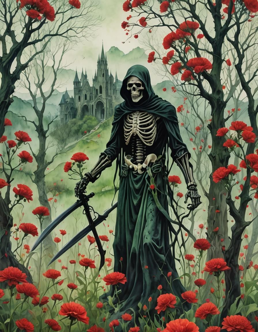 Grim Reaper Reveals Decaying Valley in Watercolor