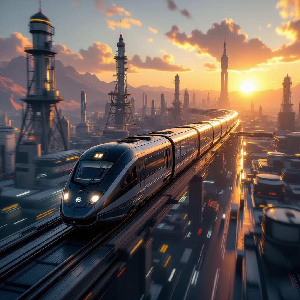 Sci-Fi Gravity Train on Alien Planet in Cinematic Style