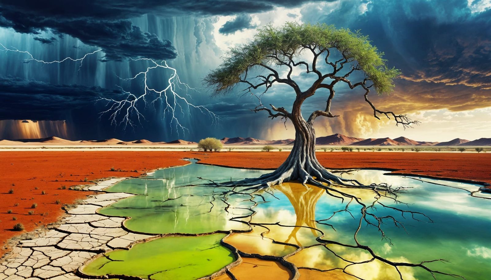 Desert Drought Meets Lush Rain: A Surreal Single Tree