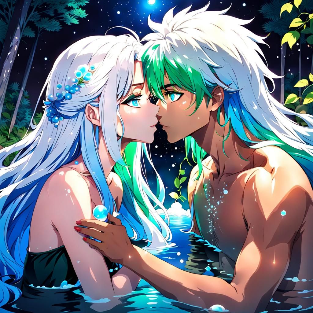 Anime Couple Kissing in Hot Spring at Night