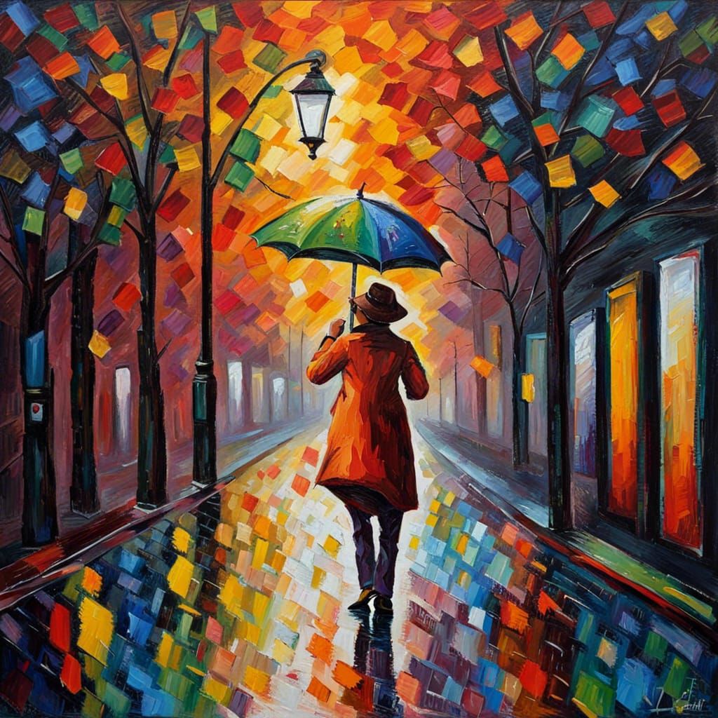 Expressionist Figure Singing in the Rain, Impasto Oil Painti...