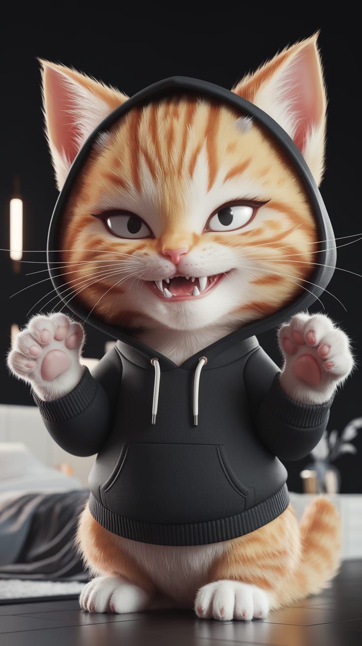 Cute Ginger Kitten in Hoodie, 3D Anime Style