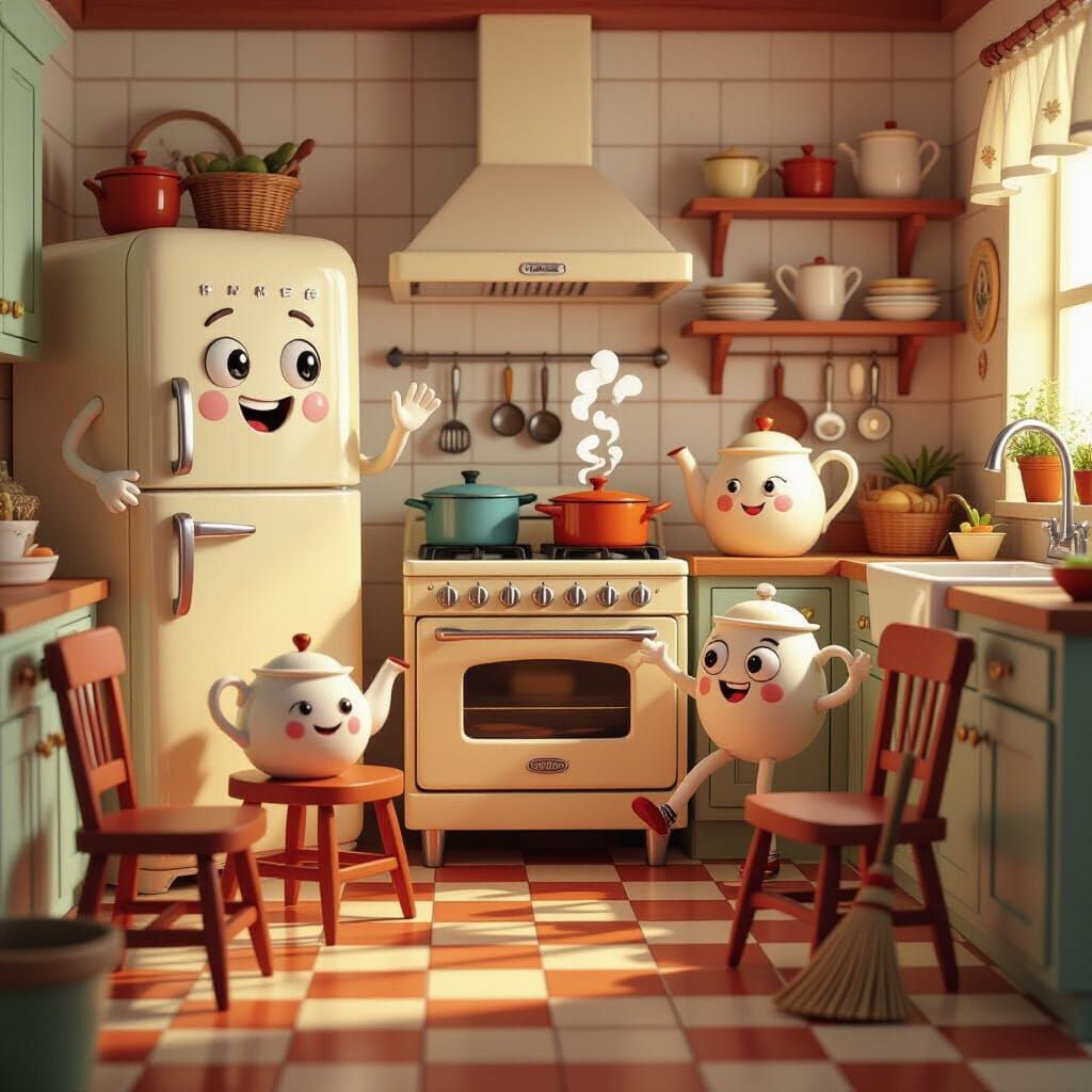 A whimsical, animated kitchen where all the objects have fri...