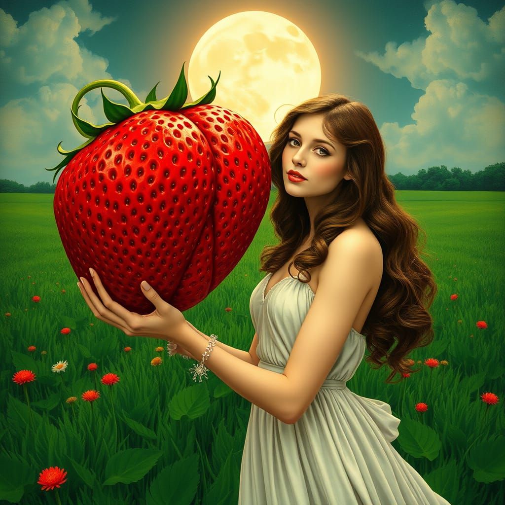 Woman with Giant Strawberry in Dreamy Art Nouveau Style