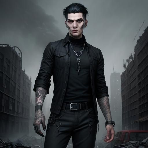 Gothic Man with Owl in Decaying Cityscape