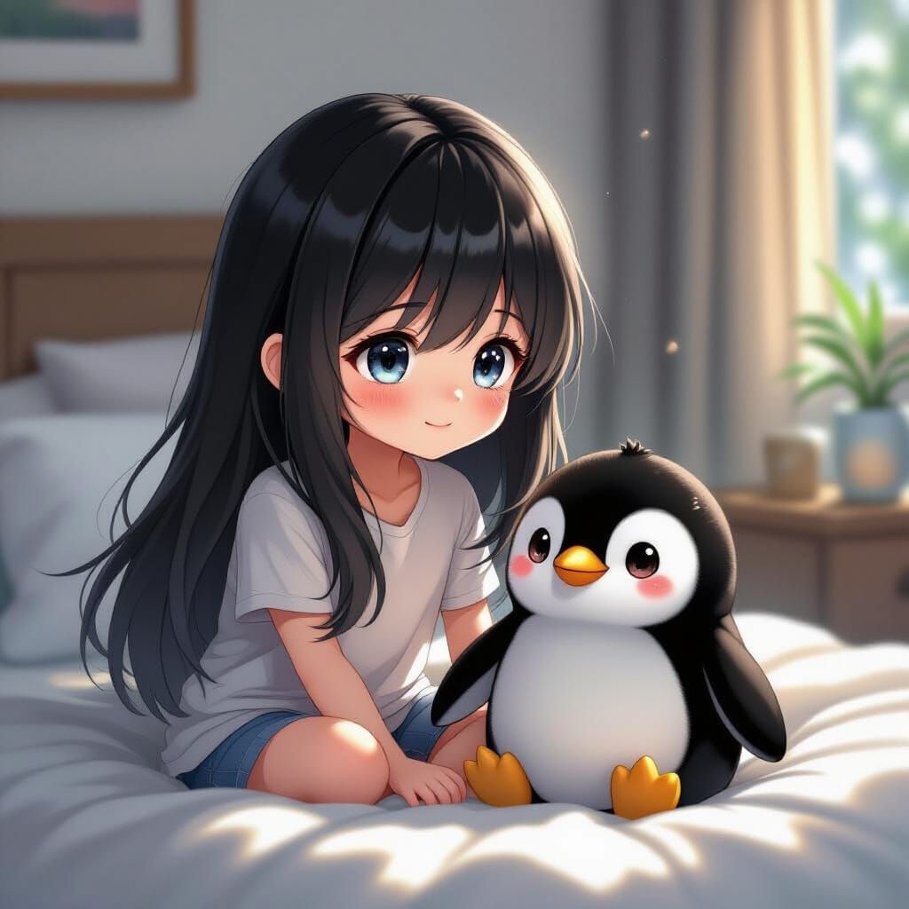 Cute Girl with Penguin Toy, Hyper-Realistic Anime Style