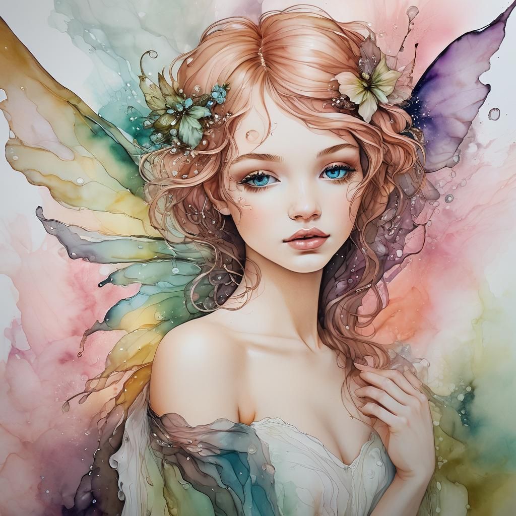 Ethereal Fairy Portrait in Alcohol Ink Style