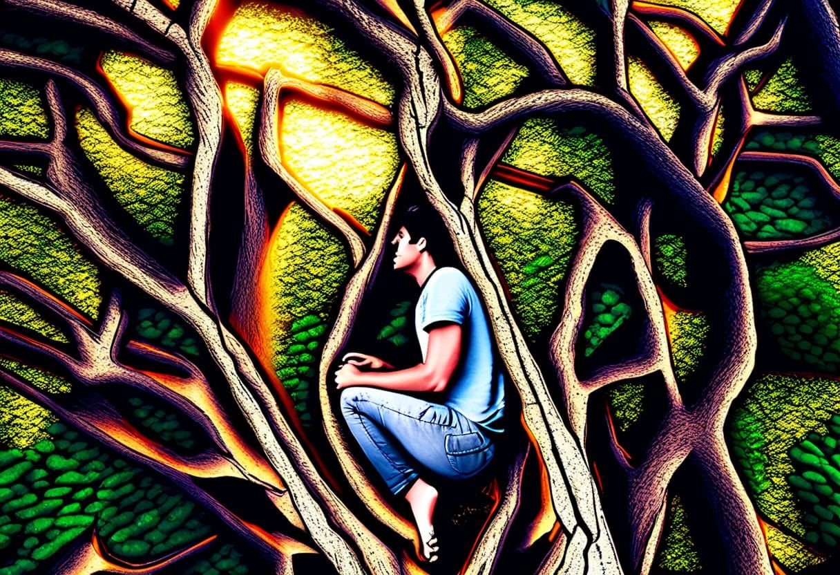 Man Trapped by Roots in Whimsical Forest Scene