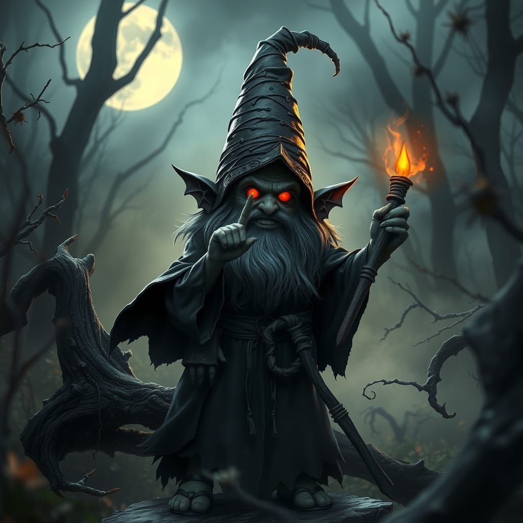 Vampire Gnome in Moonlit Forest, Gothic Art
