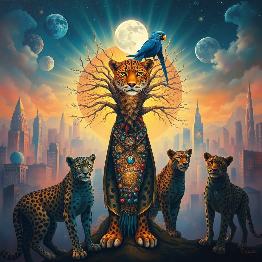 Ethereal Leopard Shaman in Radiant Cityscape