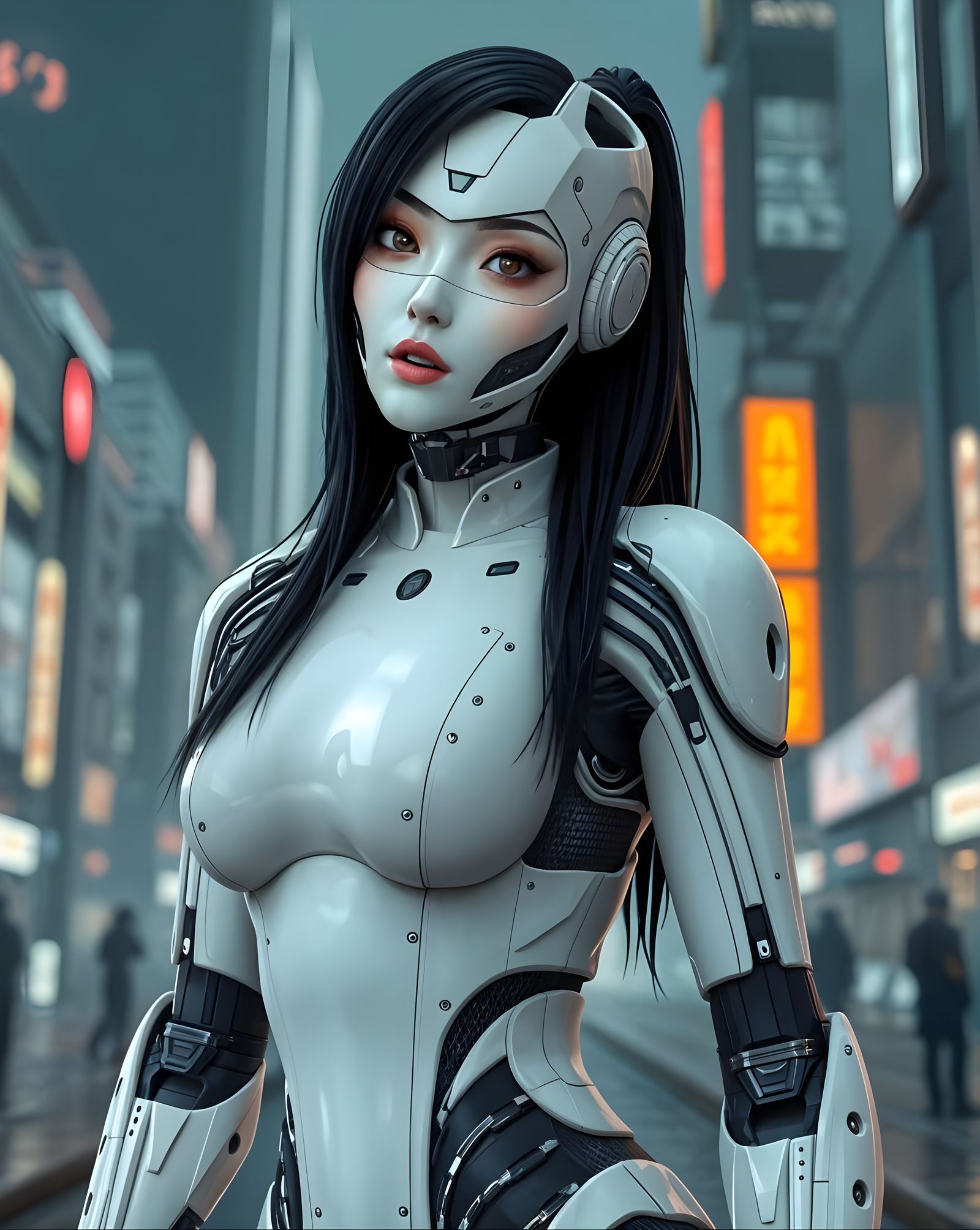 Realistic Asian Cyborg in Cyberpunk Shanghai