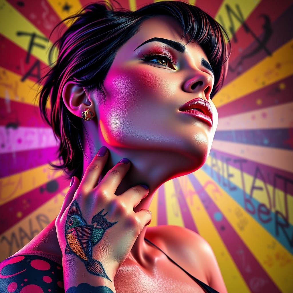 Woman Grasping Her Neck with a Fish Tattoo in Vibrant Pop Ar...